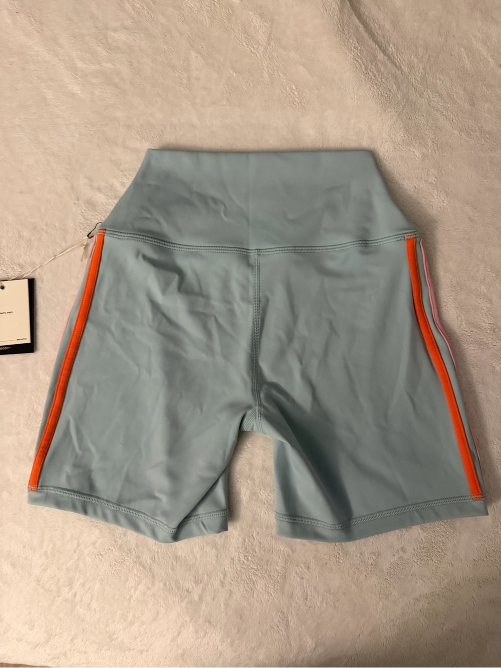 NWT SET Active Light Blue Bike Shorts and Sports Bra with Pink and Orange Trim - Picture 5 of 12